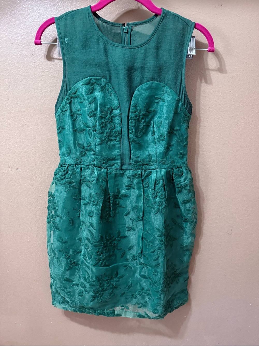 Ochirly Emerald Floral Green Lace Overlay Sheer-Yoke Appliqué Cocktail Dress